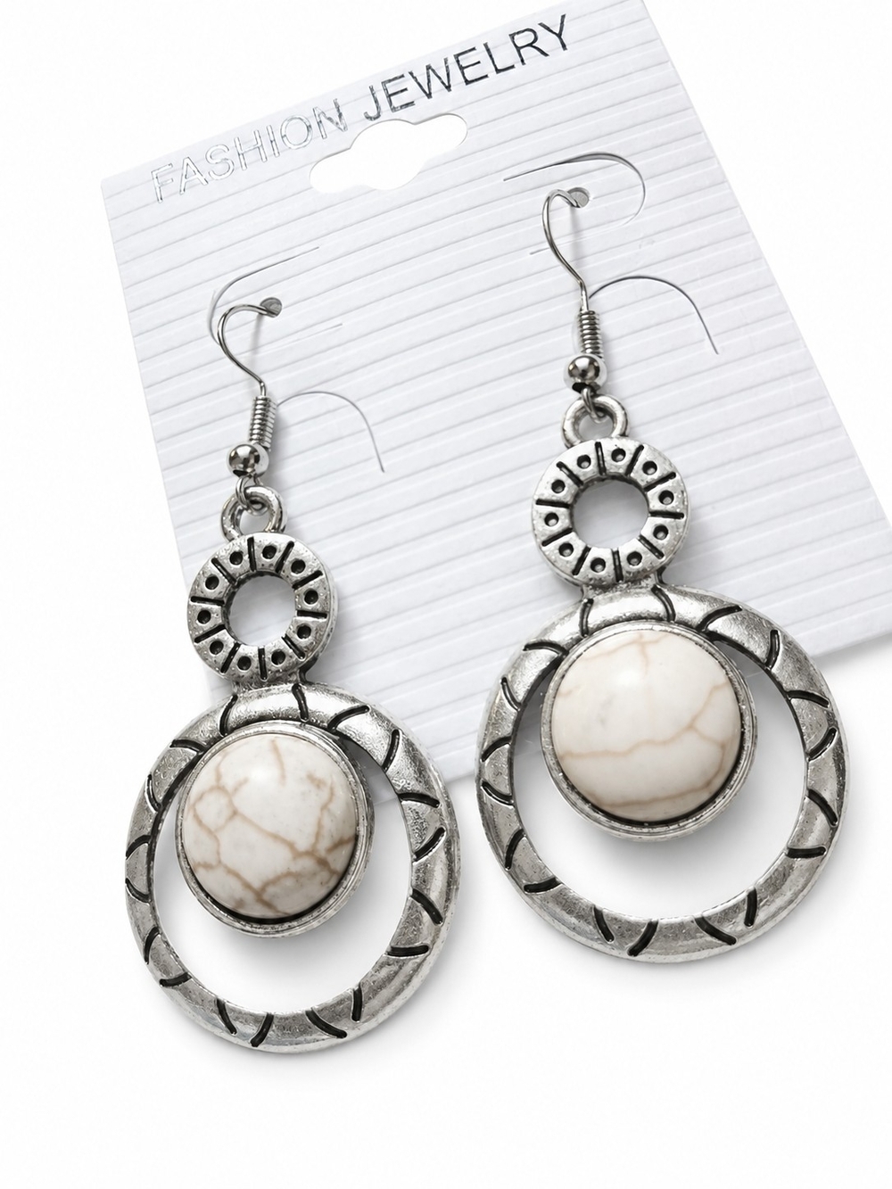 Fashion Jewelry Silver-Tone Dangle Earrings with Cream Marbled Stone